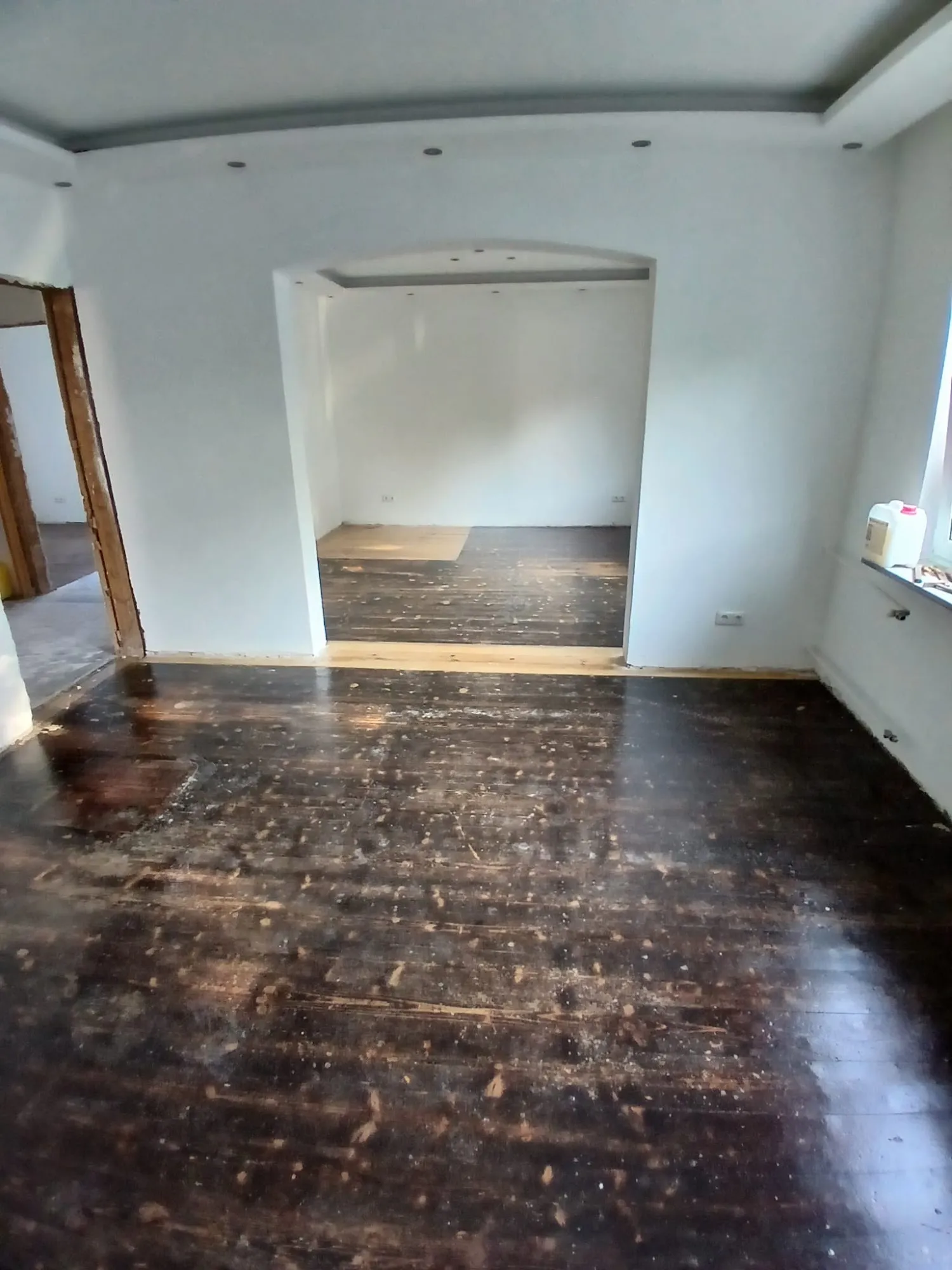 Renovierter Wohnbereich mit dunklem Holzboden, Rundbogen und Deckenstrahlern